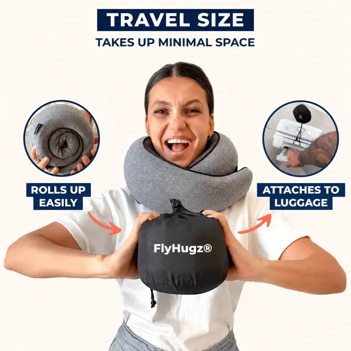 The travel-size FlyHugz® pillow rolling up small and attaching to a suitcase handle