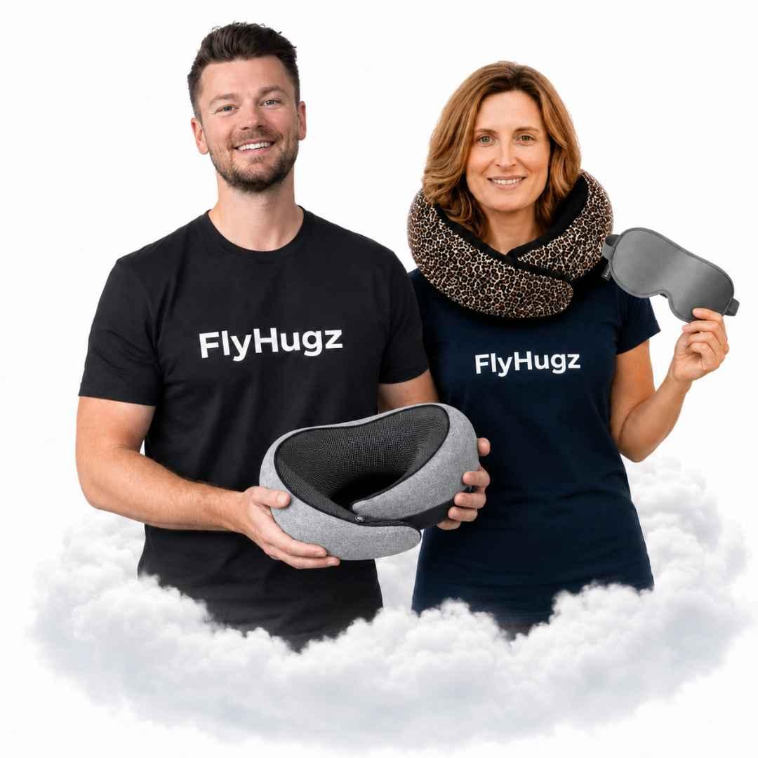 John and Chelsey, the founders of FlyHugz®, holding a travel pillow and sleep mask