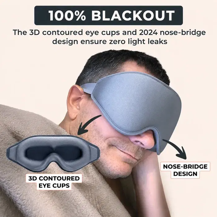 Blackout sleep mask with 3D contoured eye cups and a nose-bridge design
